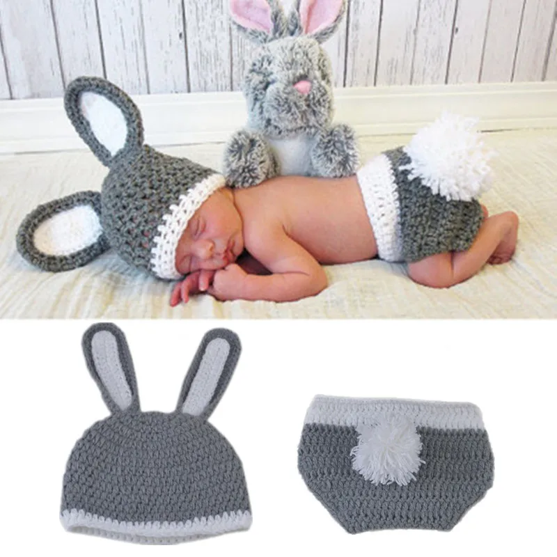 

Newborn Photography Custume Handmade Crochet Knitted Rabbit Hat And Diaper Cover Photo Props