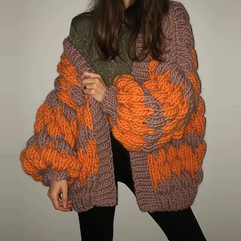 Pure manual mohair wave pattern coat high quality winter plus size cardigans patchwork orange handmade coat sweaters pink