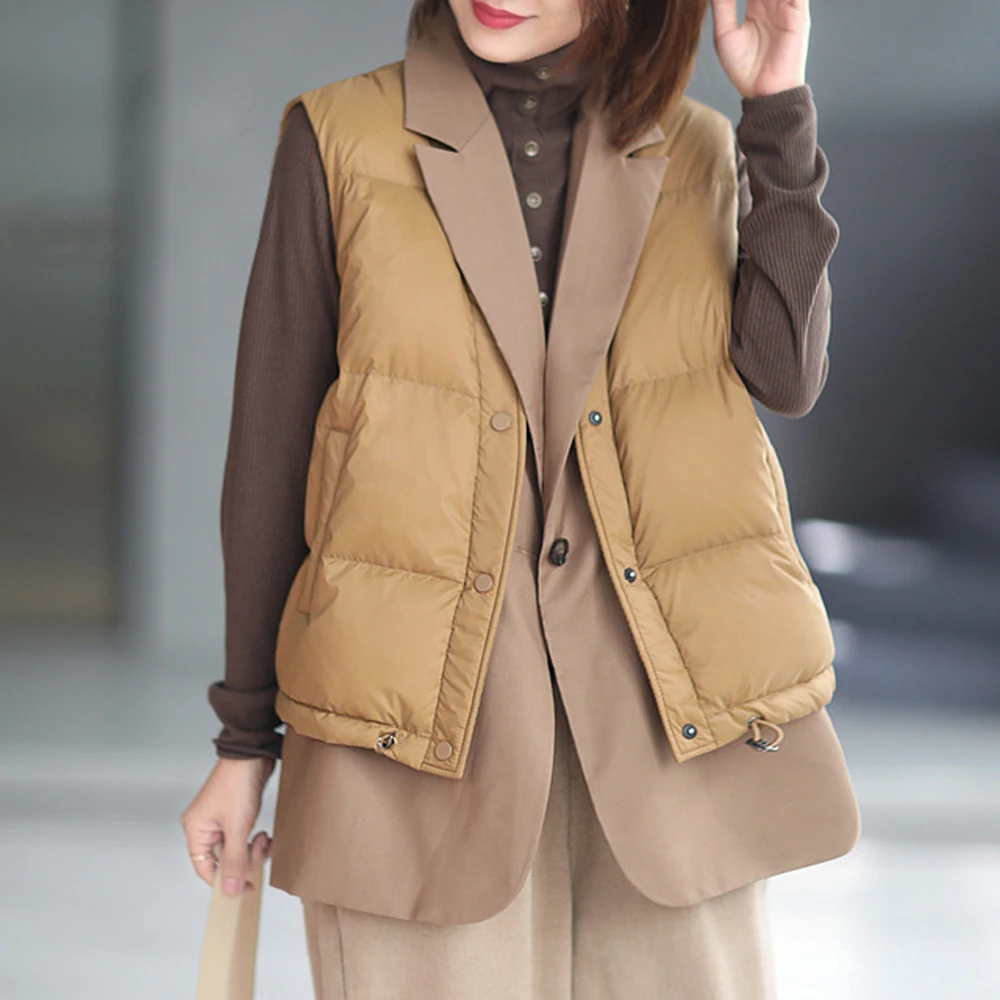 

Winter Loose stitching Suit Down Vest Jacket Women Fashion Personality White Duck Down Sleeveless Jacket Casual Female Wasitcoat