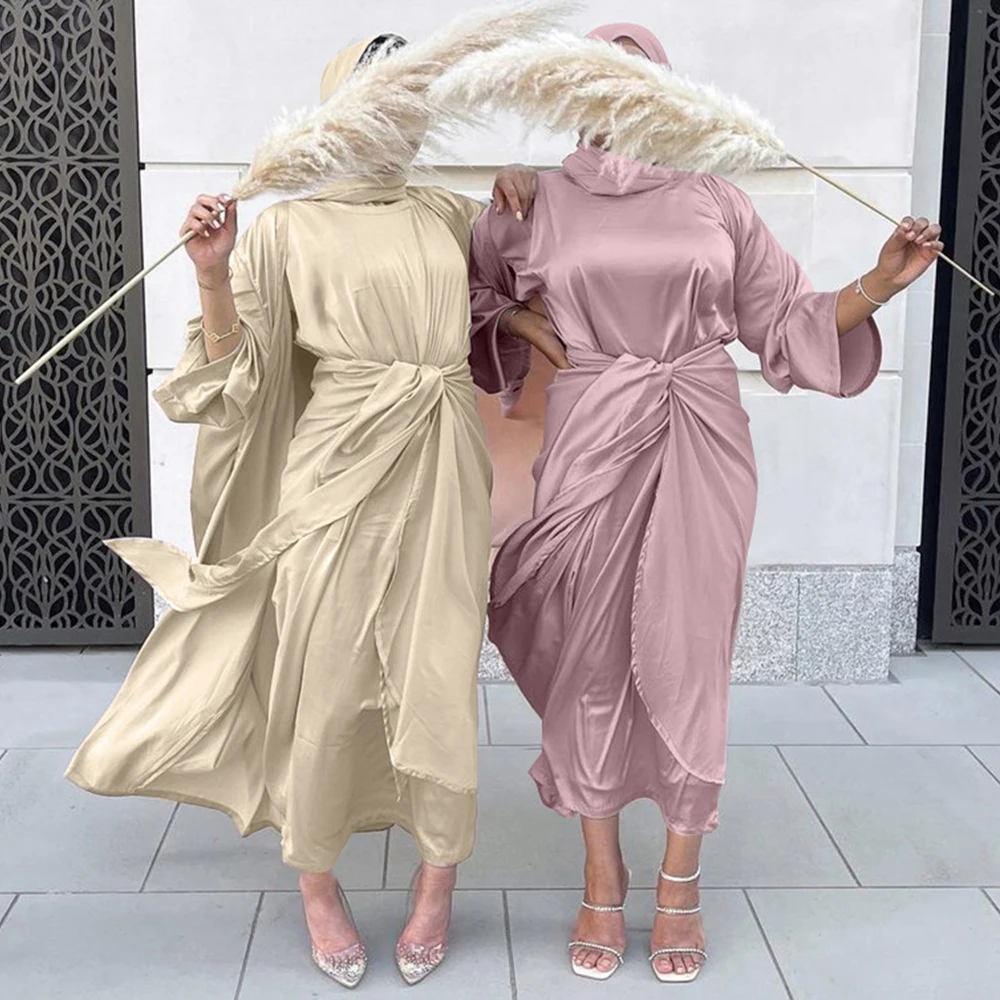 

Eid Satin Abayas for Women Dubai 4 Pieces Matching Muslim Sets Open Abaya Kimono Arabic Dress Islam Outfit Wrap Front Skirt Long