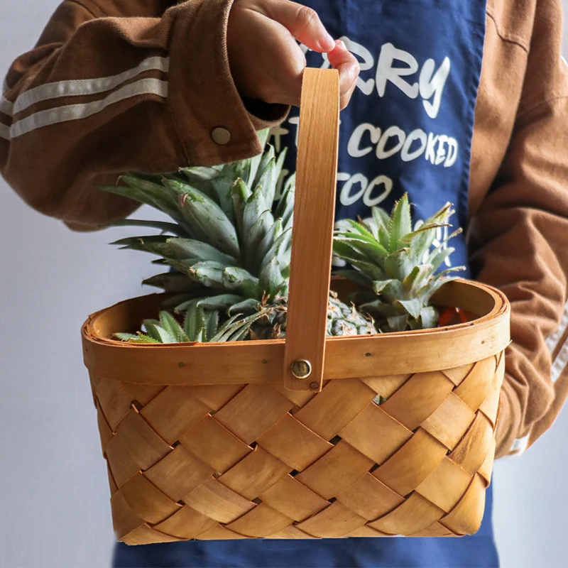 Новая Корзина для фруктов, деревянная плетеная тарелка для закусок, пикника, контейнер для мелочей, кухонный декор, для хранения мусора, столовые приборы, органайзер, чипсы ручной работы