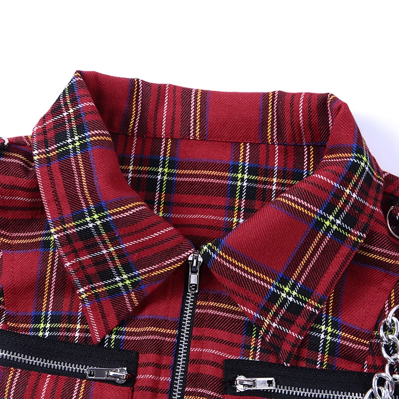 

Women Goth Tops Punk Style Plaid Vest with Zipper Iron Chain Dark Streetwear Female Casual Tank Tops Slim Fit Tooling Short Top
