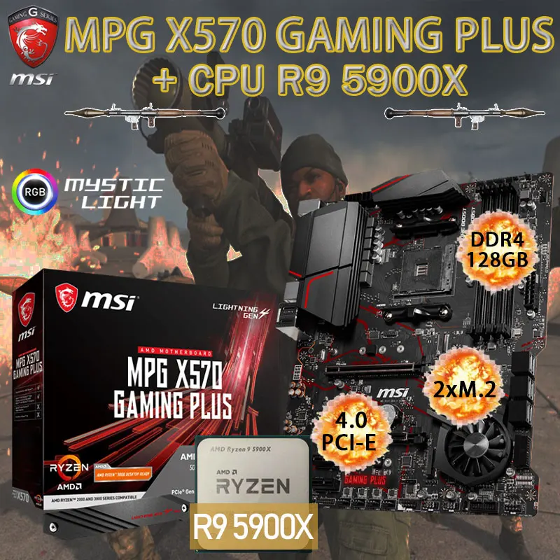 

Motherboard Set AM4 MSI MPG X570 GAMING PLUS+AMD Kit Ryzen 9 5900X Combo DDR4 128GB M.2 PCI-E 4.0 Placa-mãe AM4 ATX Desktop X570