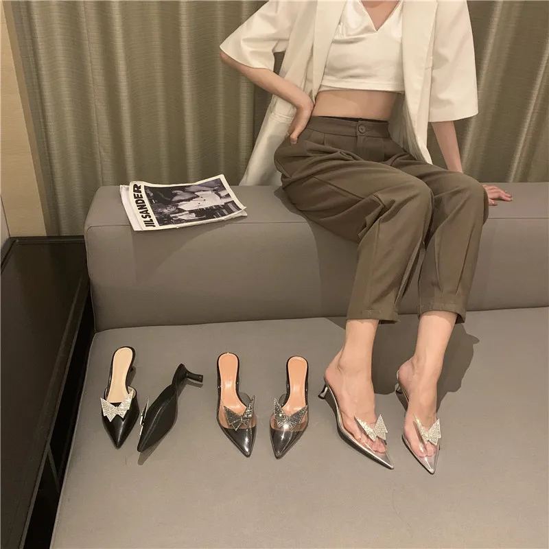 

Pointed Toe Women Sandals Slippers Rhinestone Butterfly Design Thin High Heels Casual Slippers Fashion Elegant Slides Size 35-39