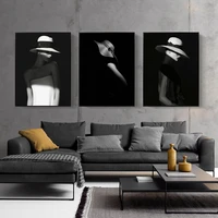 black and white minimalism fashion beauty wearing hat painting wall art canvas painting poster corridor study home decoration