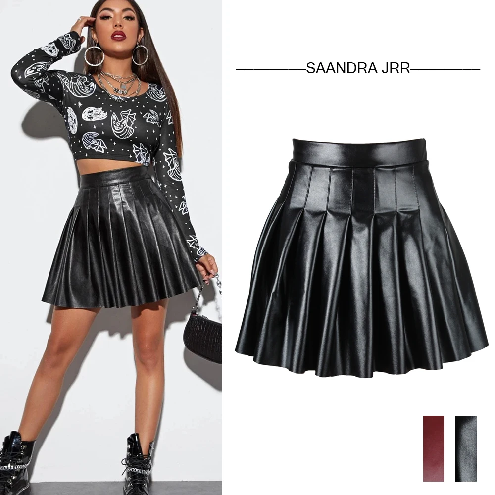 

Women Girls Leather Skirt High Waisted Pleated Skater Tennis School A-Line Skirt Uniform Skirts Preppy Style