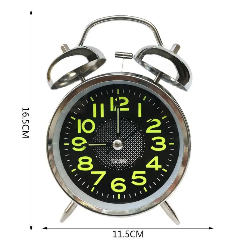 

Hot Sale 4 Inch Silent Quartz Strong Double Bell Alarm Clock With Clock Silver Plated Light Alarm Night Metal Ringing