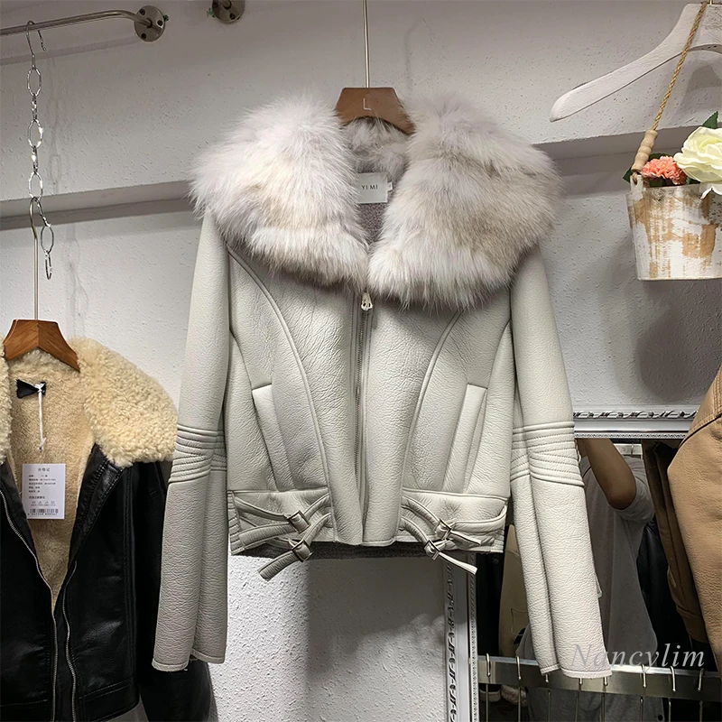 

Real Fox Fur Collar Coat Women 2021 Autumn Winter Slim-Fit Short Temperament Motorcycle Jackat Pu Leather Jackets Femme