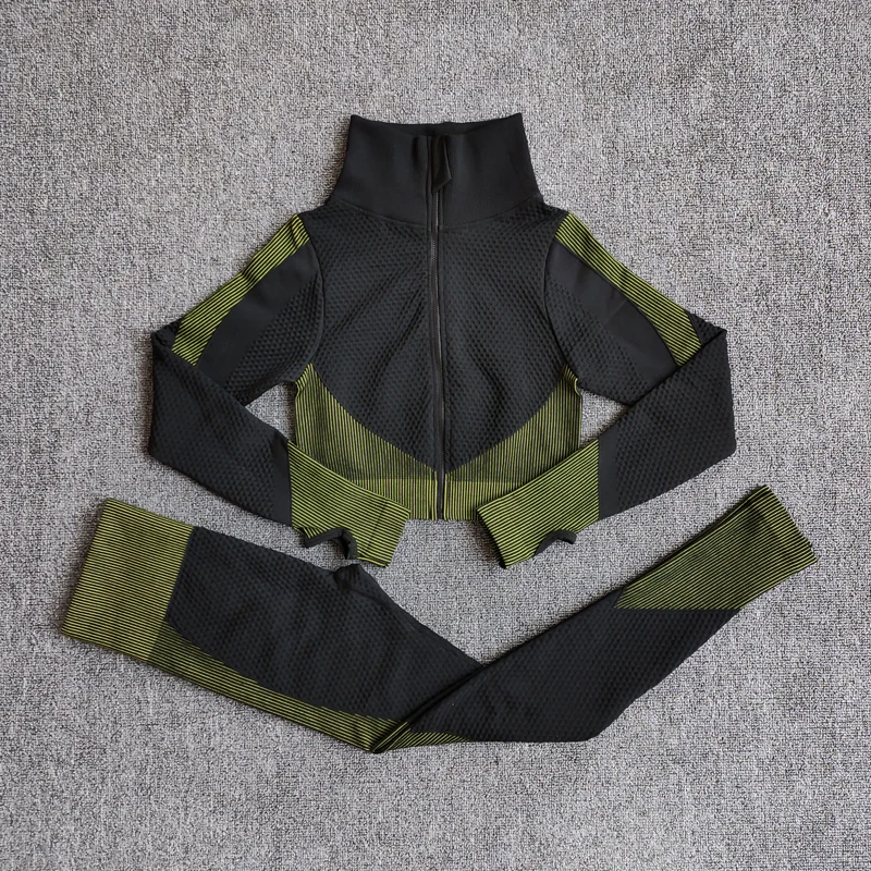 

2021 Seamless Yoga Set Women Fitness Gym Clothes Long Sleeve Shirts High Waist Running Leggings Workout Pants Sports 2 Piece Set