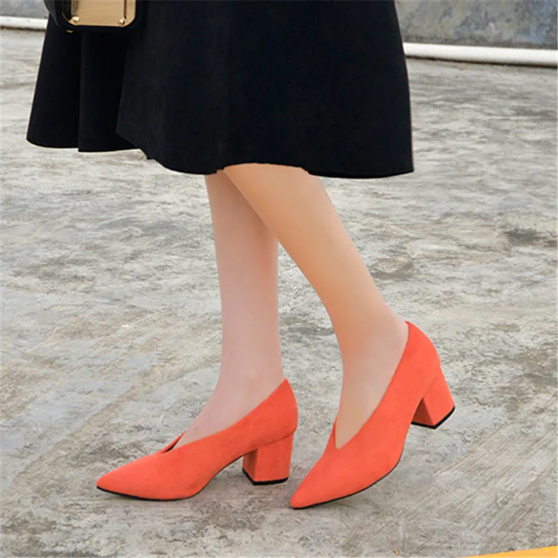 Korean Pumps Shoes Woman Sexy Pointed Toe V-mouth Women Thick High Heels New Retro Single Lady Big Size 33-40 | Обувь