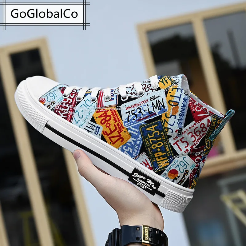 

Summer New Casual Canvas Unisex Shoes Women And Men High-Top Lace-Up Sneakers Trendy Graffiti Vulcanized Schuh British Style A73