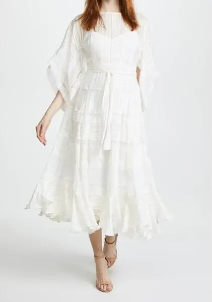 Белое полудлинное платье кимоно ElfStyle кружевное средней длины с круглым вырезом и