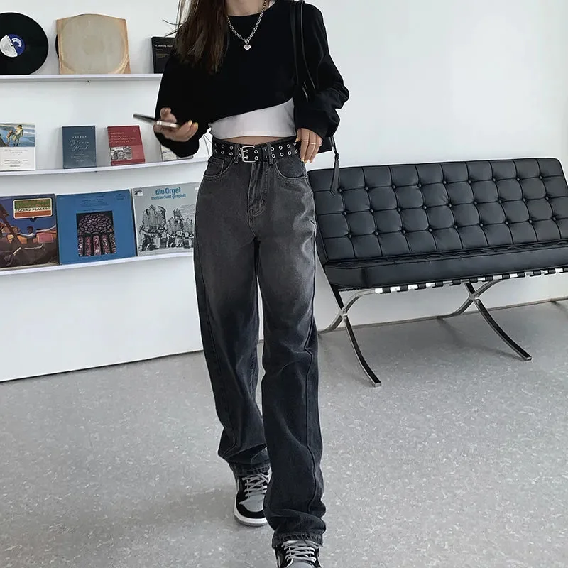 

SHZQ New Vintage Jeans for Women Woman Long Trousers Female Loose Streetwear Chic High Waist Grey High Waist Boyfriend Jean