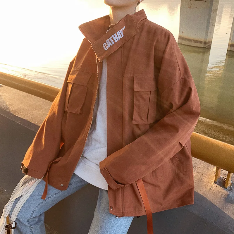 

2019 autumn new jacket Japan Style stand collar men's casual loose Cotton multi-pocket hip hop streetwear windbreaker Black