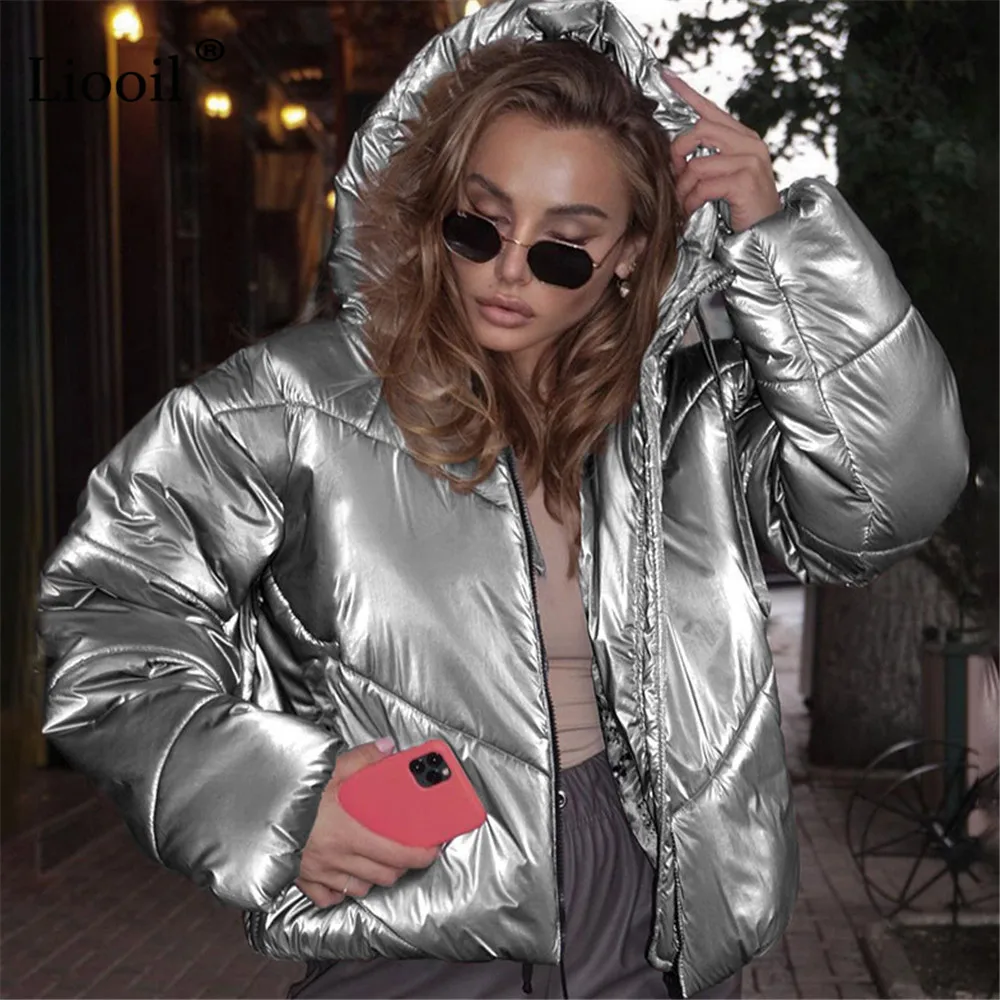 

Silver Thick Short Hooded Coats And Jackets Female Cardigan Outerwear Zip Up With Pockets Streetwear Winter Cotton Down Jacket