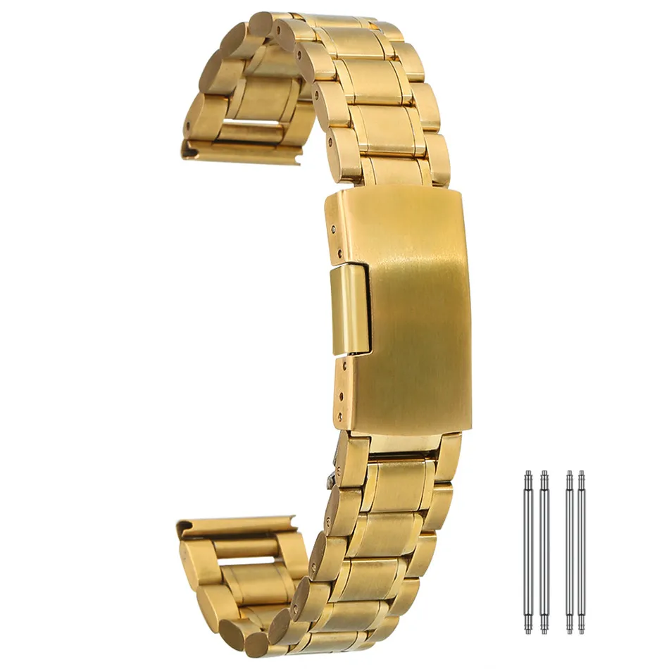 

18/20/22mm Gold Folding Clasp Stainless Steel Watch Band Replacement Metal Strap