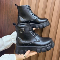 big size ladies martin 2022 spring autumn round toe square heels lace up motorcycle shoes women female ankle short boots
