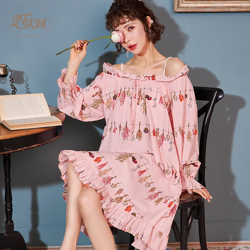 

Women Spring Pure Cotton Long Off-Shoulder Sexy Nightgown Long Sleeve Loose Cute Princess Nightwear Printing Sleepwear Dress