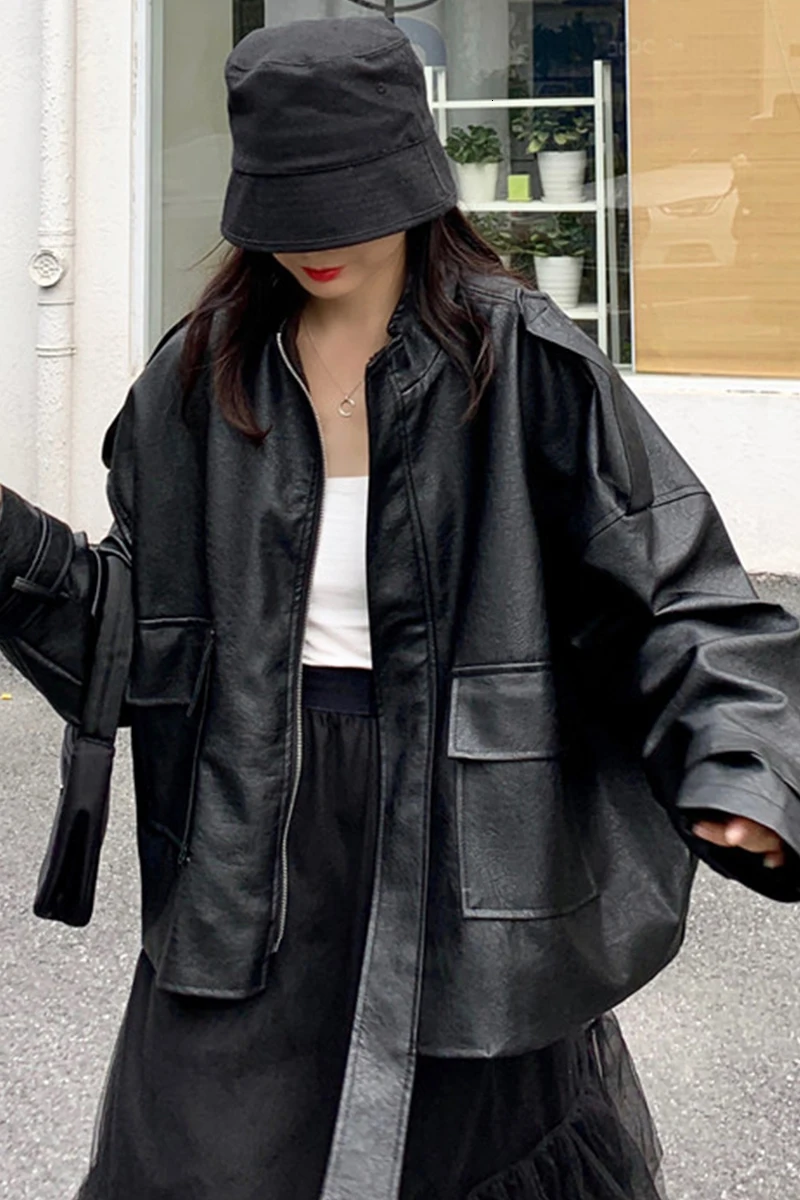 [LANMREM] Autumn And Winter New Products Fashion Retro Long Sleeve Loose Motorcycle Leather Jacket Female PA522