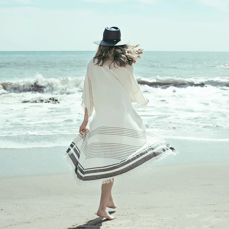 

Stripes Print Beach Dress Loose Lace up Sexy Cardigan White Maxi Swimsuit Cover up Chic Summer Clothes Women Party Wear