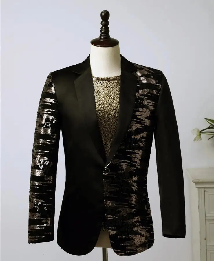 Black blazer men suits designs jacket mens stage costumes for singers color matching sequins clothes dance star style dress