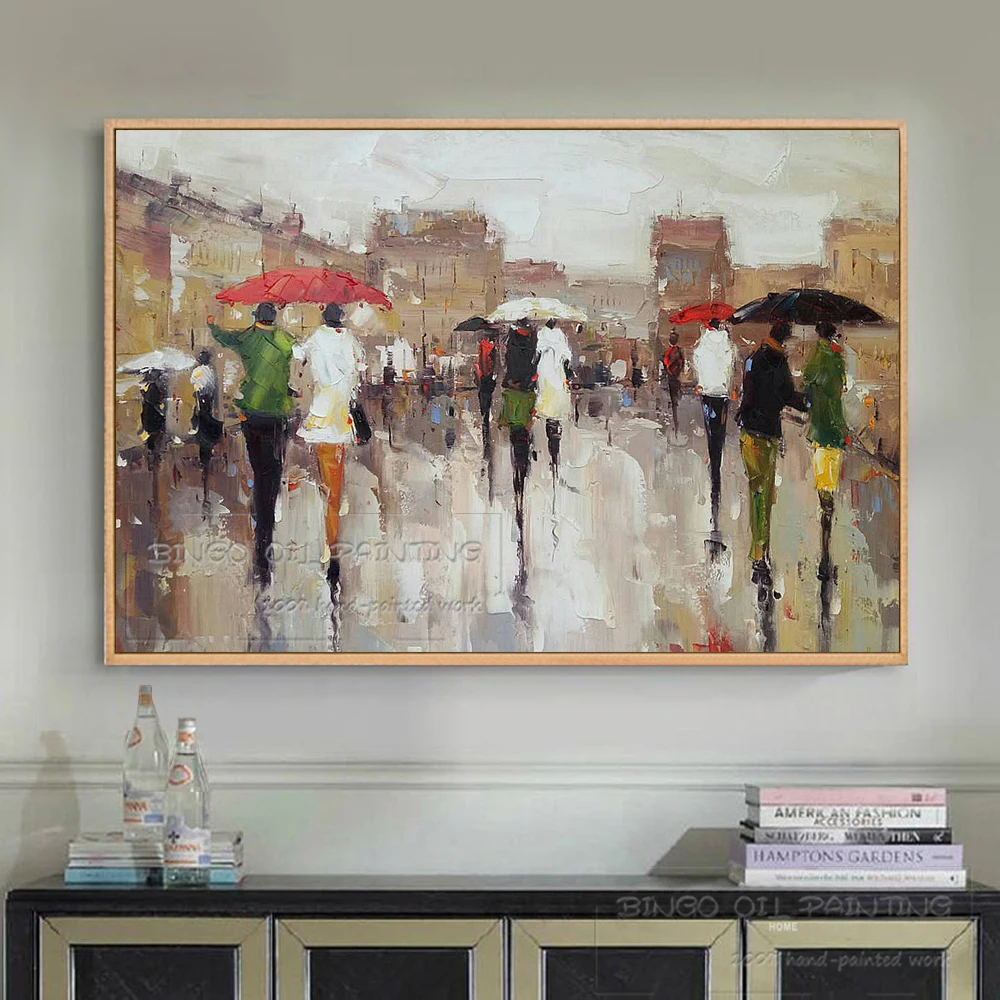 Дешевая цена ручная роспись абстрактные уличные прогулки люди масляная живопись