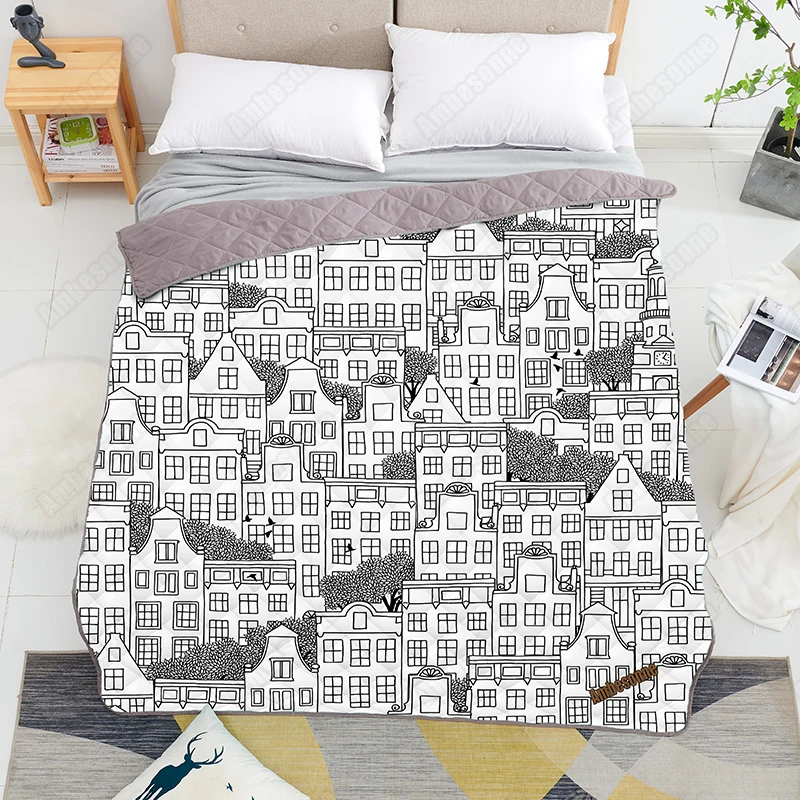 

Print on Demand Summer Quilt Hand drawn seamless pattern of Dutch style houses Coverlet Thin Quilts Custom Bedspread on The Bed