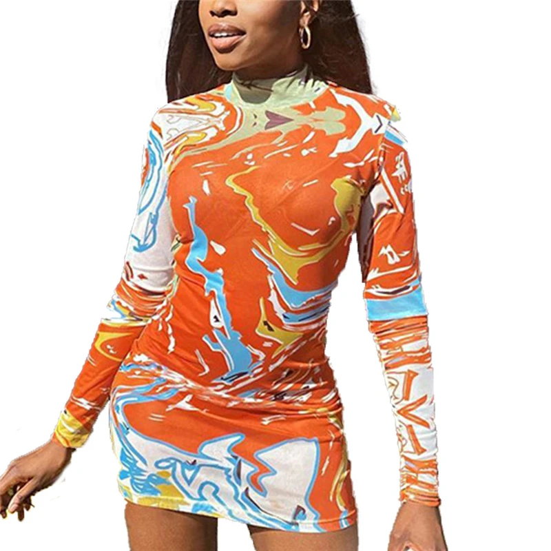 

Women Sexy Bodycon Dress, Trendy Print Long Sleeve Mock Neck Slim Fit Mini Dress Clubwear