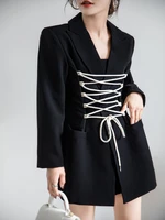 kchy black casual blazer women haute couture white rope slim bandage waist blazer jacket 2022 spring autumn