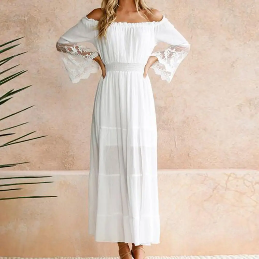 

2020 Women Strapless Long Sleeve Loose White Beach Dress Sexy Off Shoulder Lace Boho Women Maxi Dress
