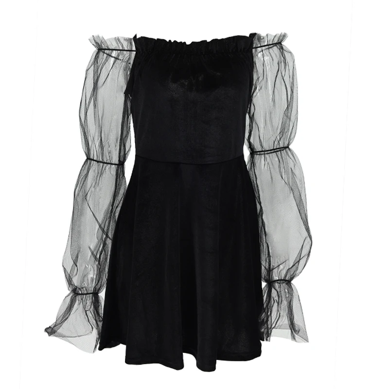 

Sexy Dress Vintage Off Shoulder Sleeve Mesh Patchwork Velvet Mini Dress For Female Dress Dark Street Black