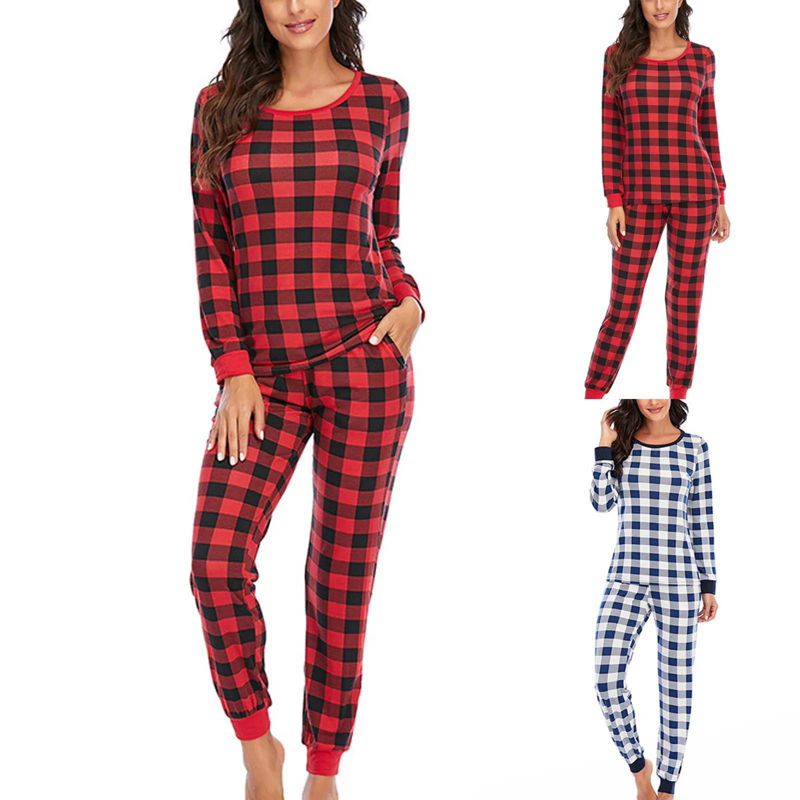 

Plaid Pajama Sets For Women Pijamas Fashion Home Wear Clothes With Pocket Pyjama Sleep Set Tops+Pants #