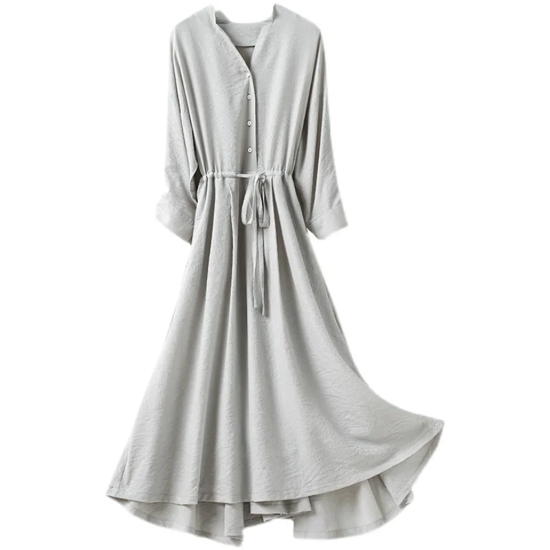 

Minimalist Dress Women's Summer 2021 V-neck Large Size Five-Point Sleeve Cotton And Linen High Waist Lace Up Holiday Long Dress