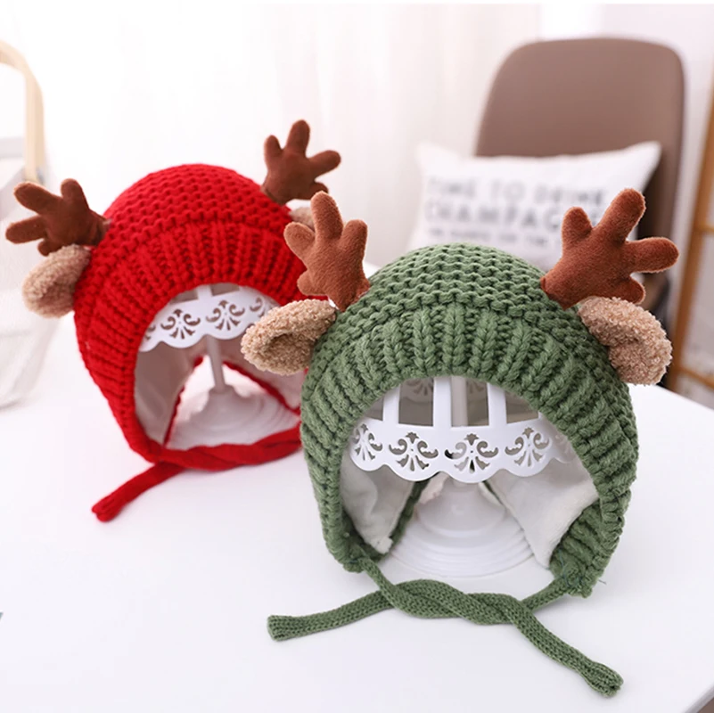 Милая детская шапка с оленями и зимняя теплая шерстяная вязаная ушами для