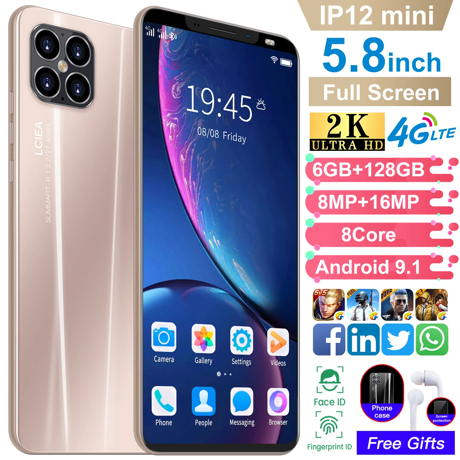 

IP12MINI 8 Core Andriod 9.1 MTK6589 Fingerprint ID Mobile Cell Phone 5.8 Inch 4+64GB 8+16MP 4500mAh Smartphones Global Version