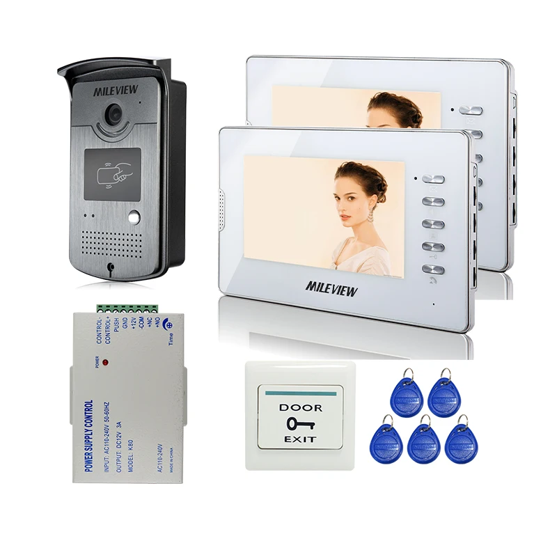 Новый 7 &quotцветной экран видео домофон система + 2 монитора RFID считыватель дверной