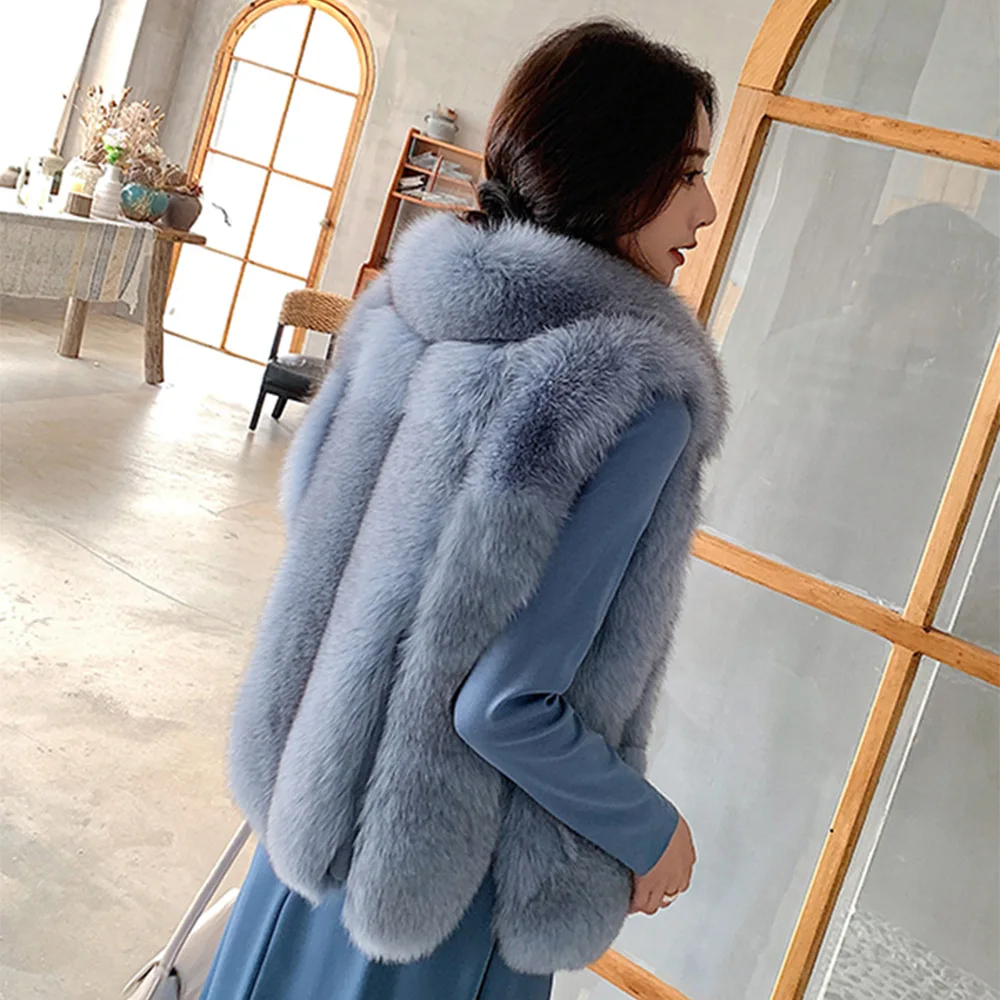 TOPFUR Natural Real Fox Fur Vest Women Turn Down Collar Winter Coat Luxury Striped Fur Coats With Pockets Warm Female Jacket