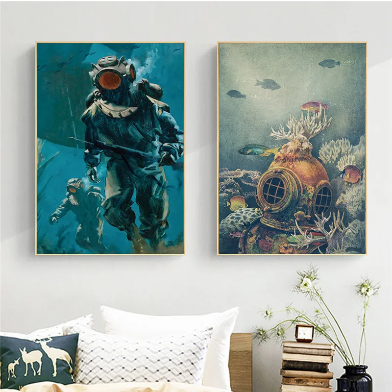 

Retro Deep Sea Divers Underwater World Whale Wall Art Prints Poster Painting On Canvas Wall Pictures For Living Room Decoration