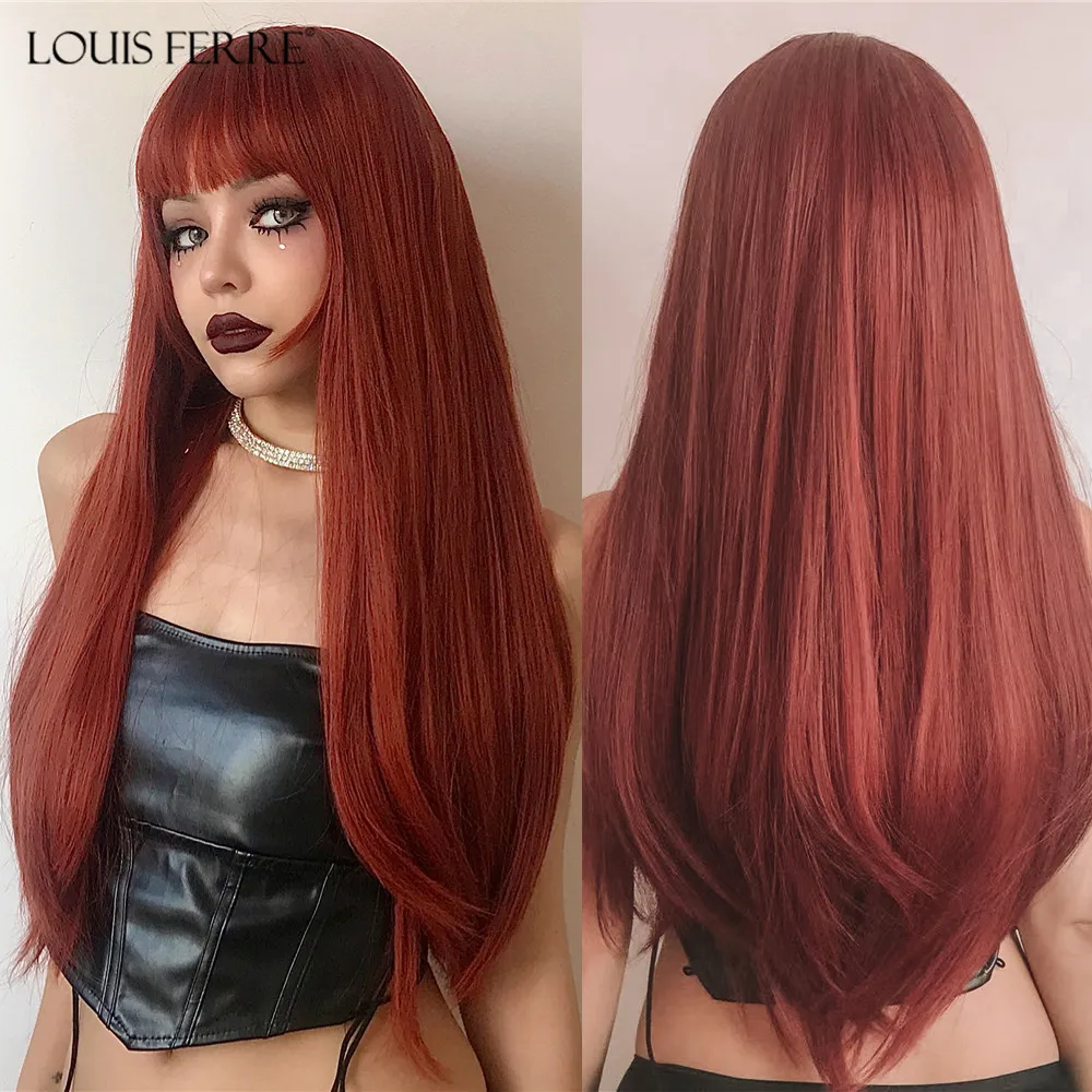 

LOUIS FERRE Natural Looking Wine Red Hair Wigs Lolita Long Straight Synthetic Wigs with Bangs for Black Women Cosplay Party Wigs