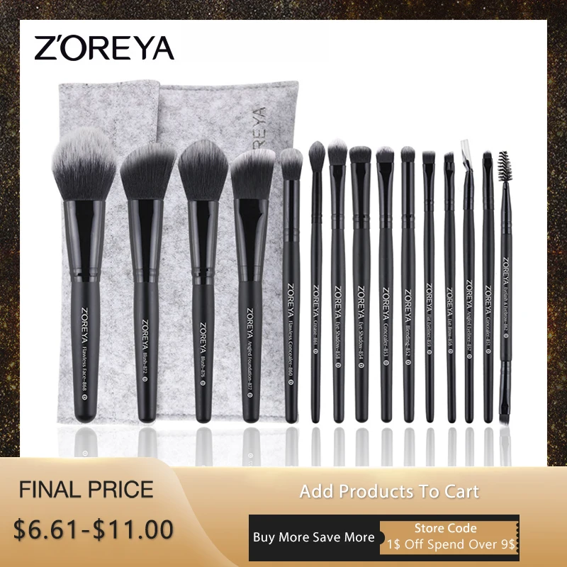 ZOREYA, 15 шт., Профессиональные кисти для макияжа, набор, натуральная мягкая щетина, Тональная основа, румяна, косметическая кисть для нанесения теней, инструменты для макияжа