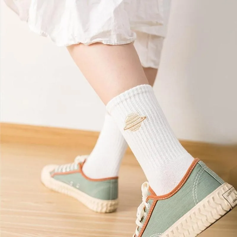 

1pair Planet Earth Long Socks Cute Girls Socks Gifts Embroidery Planet Color Women's Planet And Universe Long Socks