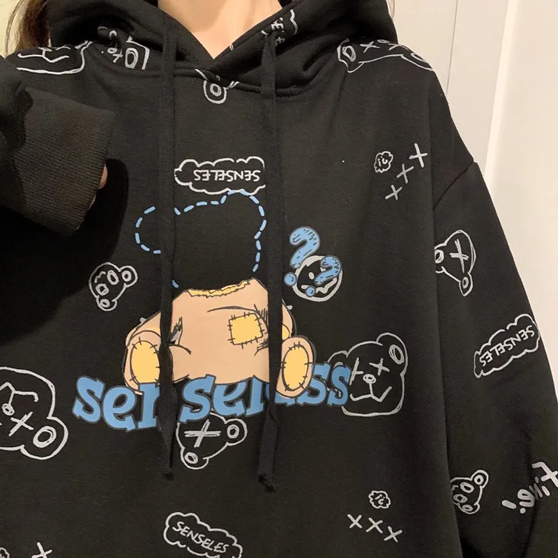 Harajuku Long Sleeve Print Hooded Sweatshirts Women 2021 Autumn And Winter Kpop Loose Clothes Chic Hoodies Sweetshirt Oversized