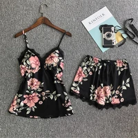 comfortable printed pajamas women summer suspender shorts ice silk sexy two piece home service suit jjf0010
