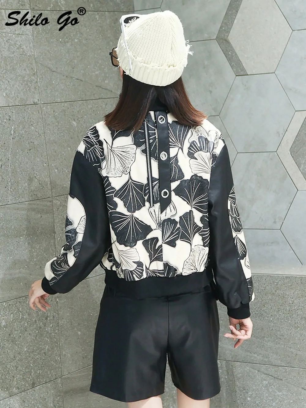 

Streetwear Floral Printed O Neck Drop Shoulder Baseball Jacket Women Winter Casual Genuine Leather Coat Sheepskin Outwear Female