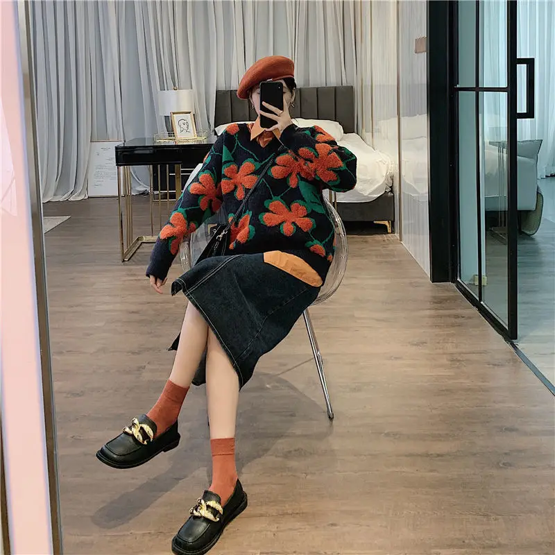 

3pcs set 2xl flower japan girl fashion 3 piece set Women winter set sweater+ shirts+ Skirts Suits Solid Tops Vintage Skirt Sets