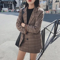 2019 retro plaid blazer sets single breasted jacket pencil skirt vintage 2 pieces skirt suits female office ladies blazer suit
