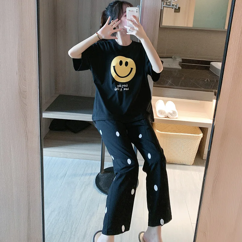 

Polka Dot Black Pajamas Women's Summer Korean Style Pure Cotton Short Sleeve Trousers Two-Piece Suit Loose Student Spring and