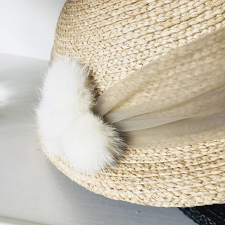 

Spring summer rabbit fur ball yarn decoration fine raffia female cute cute beret painter hat headdress straw hat