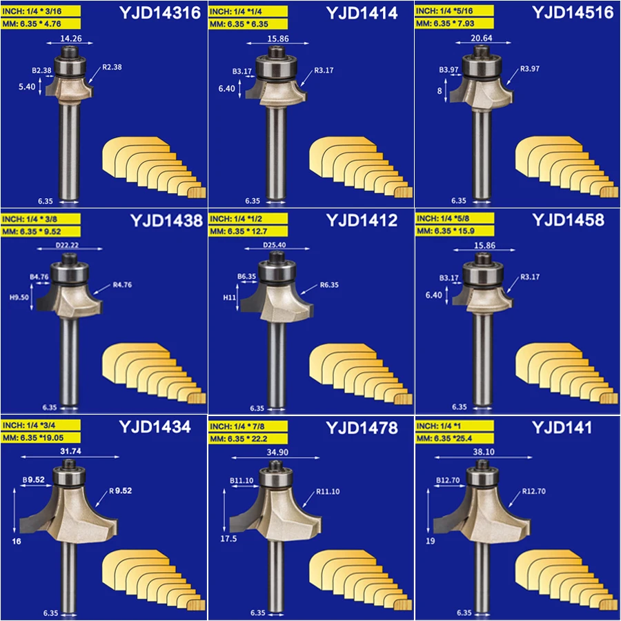 Tideway 1/4 6.35mm Corner Round Bit for Wood Woodworking Tool 2 flute Endmill with Bearing Milling Cutter Corner Round Over Bits