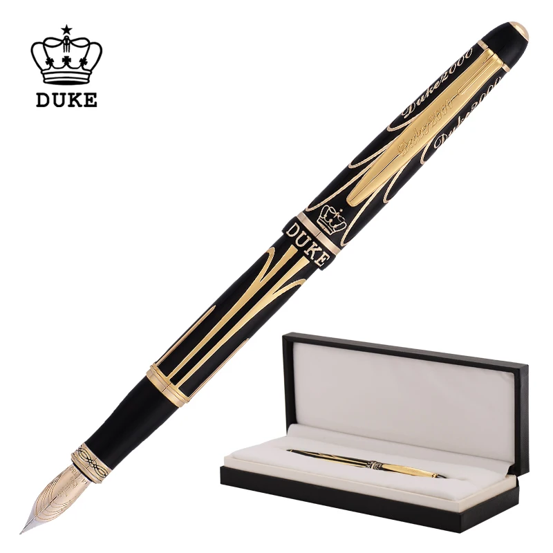 Duke Pioneer 14K/8K Gold Fountain Pen Advanced Chromed Beautiful Golden-Black Lines Fine Point 0.5mm & Gift Box for Collection